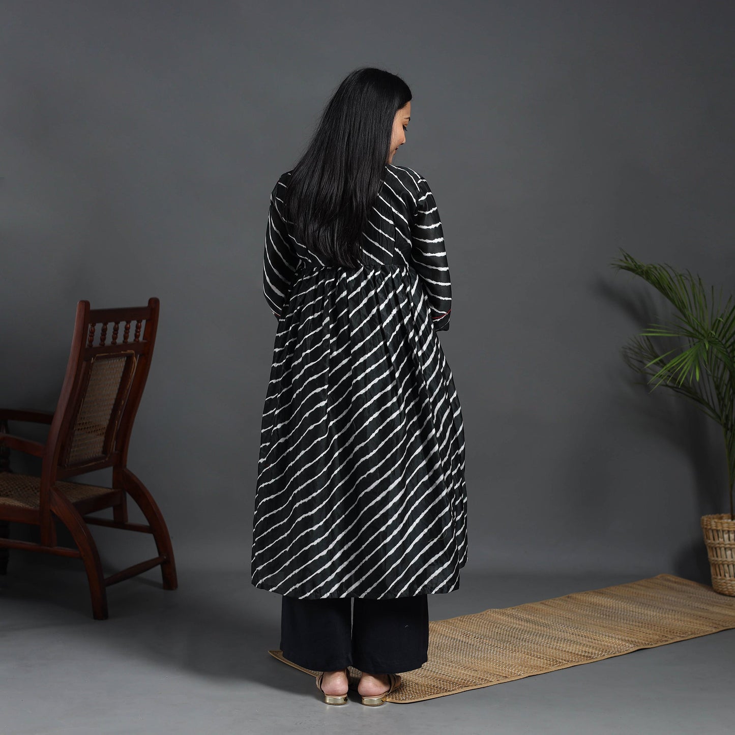 Black Chanderi Silk Tie-Dye Flared Leheriya Kurta for Women