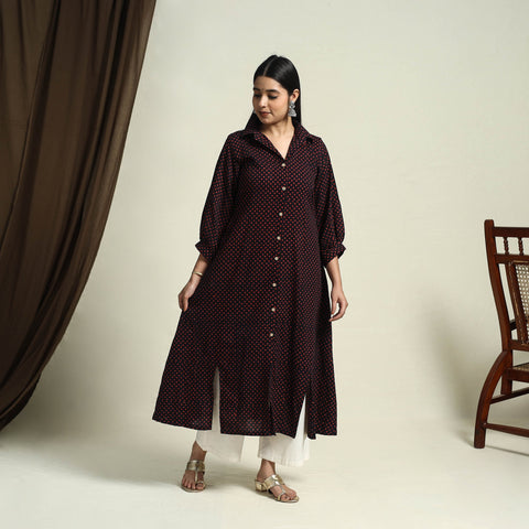 Collared Neck Buttoned Down Black Batik Print Cotton Kurta for Women