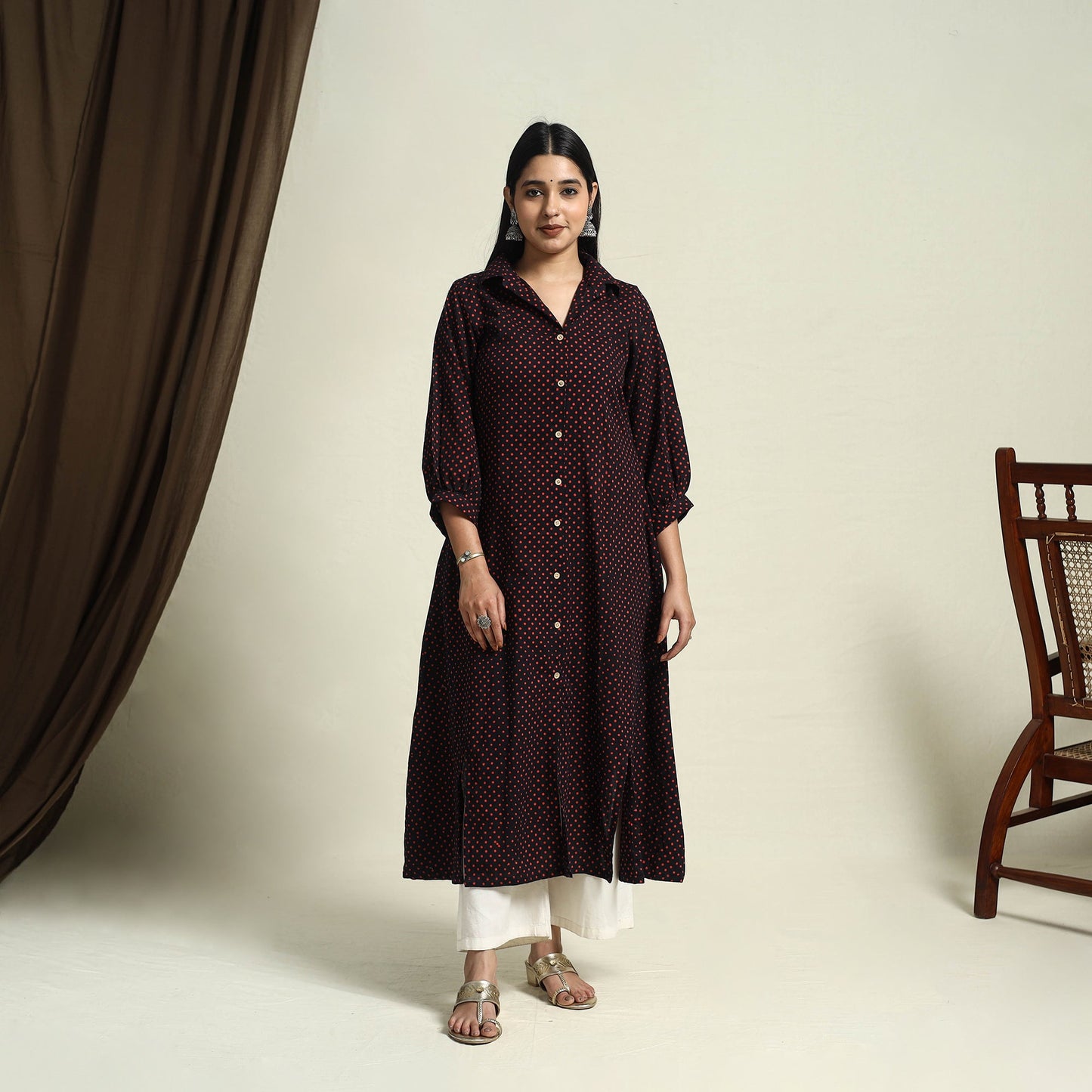 Collared Neck Buttoned Down Black Batik Print Cotton Kurta for Women