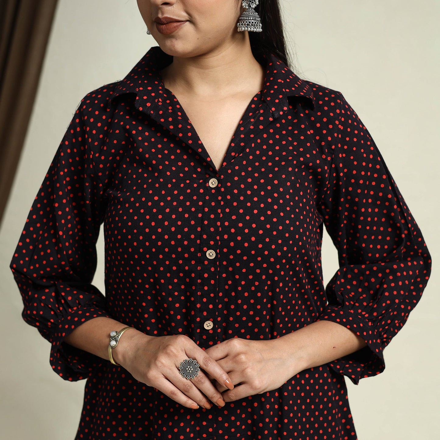 Collared Neck Buttoned Down Black Batik Print Cotton Kurta for Women