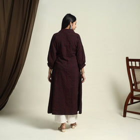 Collared Neck Buttoned Down Black Batik Print Cotton Kurta for Women