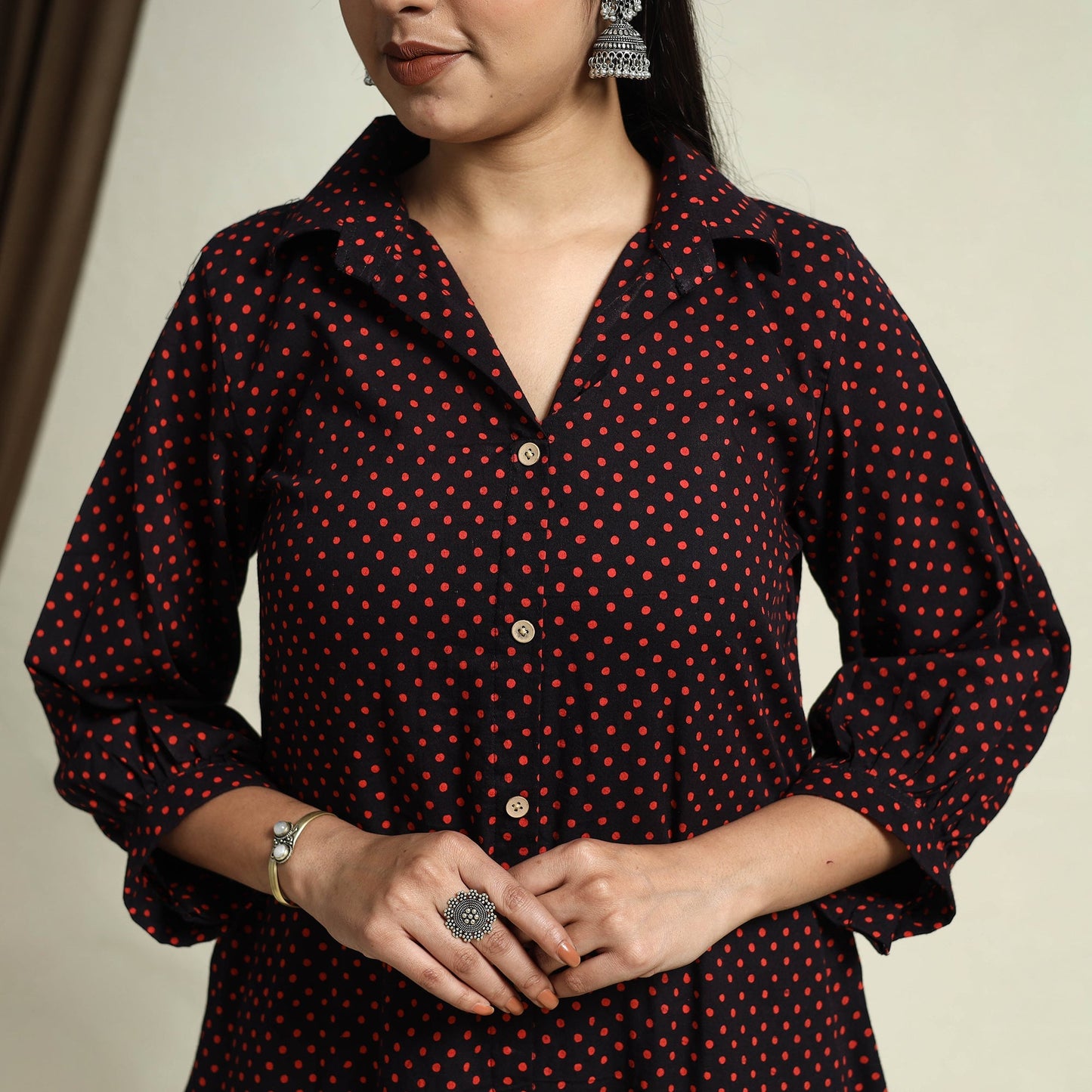 Collared Neck Buttoned Down Black Batik Print Cotton Kurta for Women
