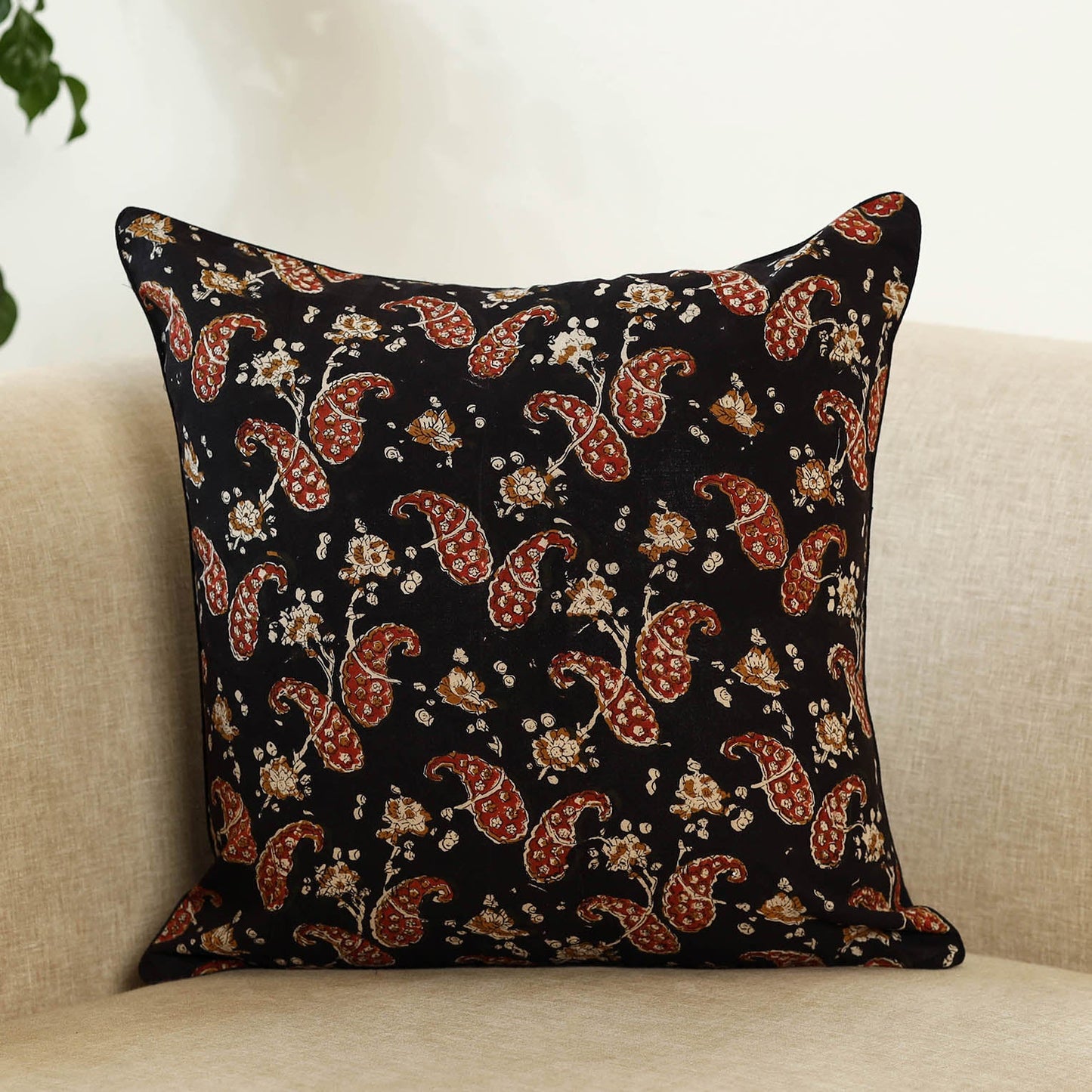 Black Block Print Cotton Bagru Cushion Cover
