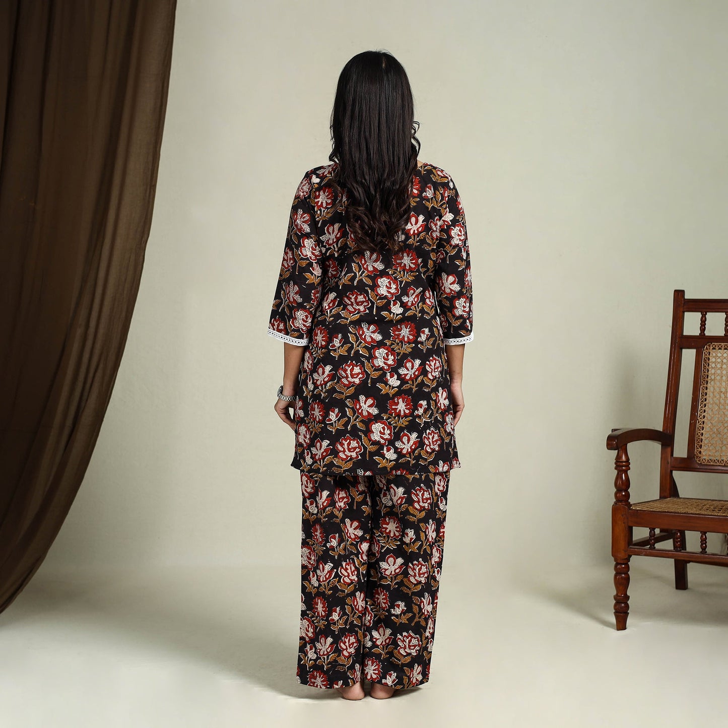 Buy Black Block Print Cotton Bagru Night Suit Set