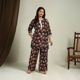 Buy Black Block Print Cotton Bagru Night Suit Set