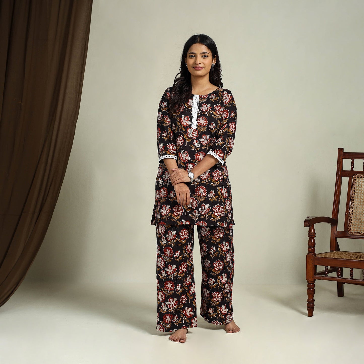 Buy Black Block Print Cotton Bagru Night Suit Set