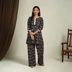  Black Block Print Cotton Bagru Night Suit Set