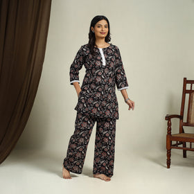  Black Block Print Cotton Bagru Night Suit Set