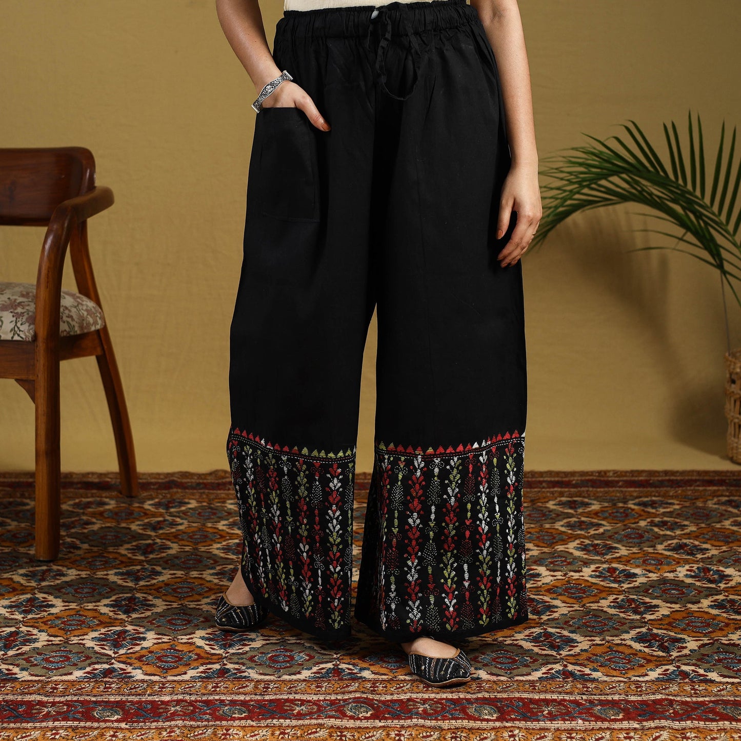 Black Cotton Bengal Kantha Hand Embroidery Palazzo