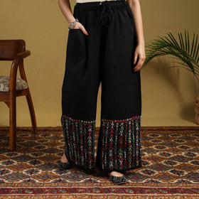 Black Cotton Bengal Kantha Hand Embroidery Palazzo