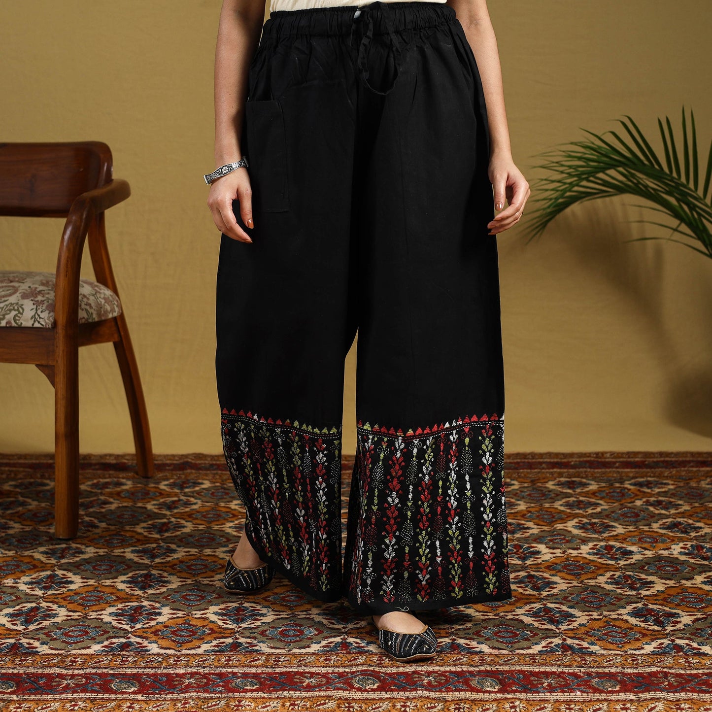Black Cotton Bengal Kantha Hand Embroidery Palazzo