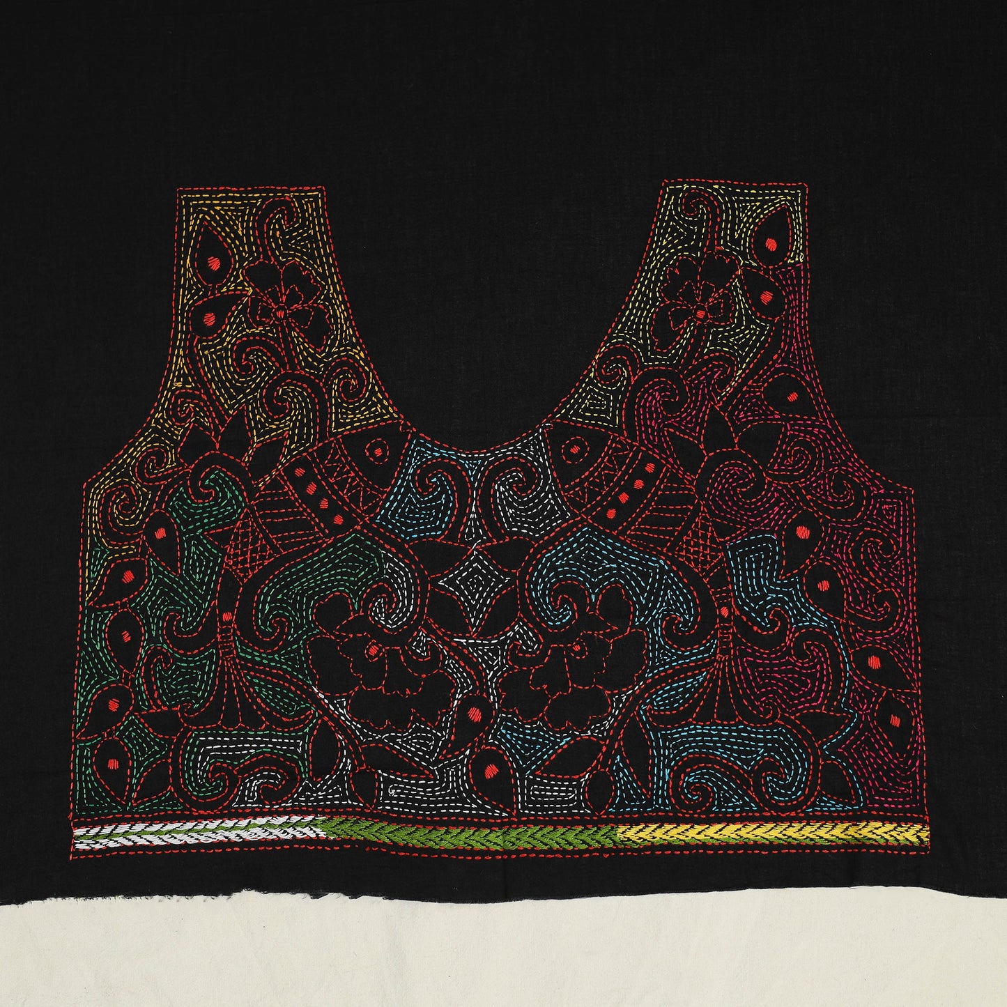 Black Cotton Bengal Kantha Stitch Blouse Piece 