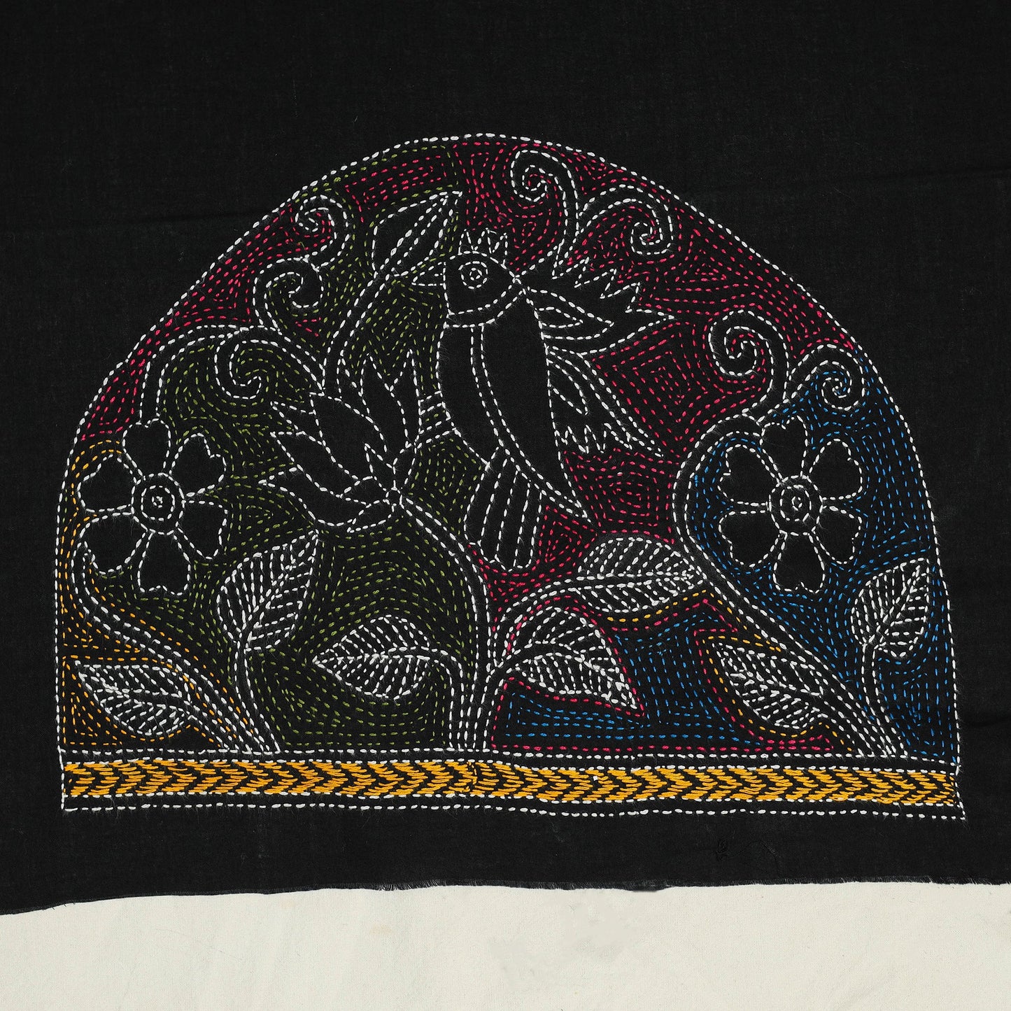 Black Cotton Bengal Kantha Stitch Blouse Piece 