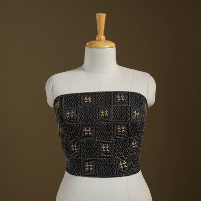 Black Cotton Bengal Kantha Stitch Blouse Piece 