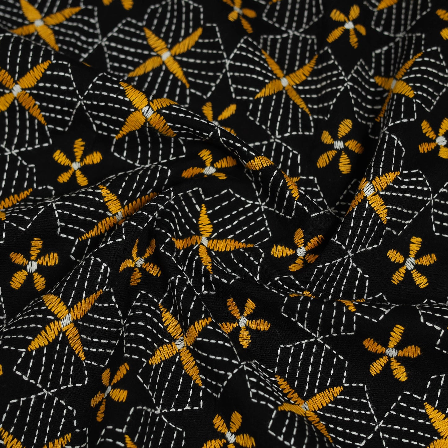 Black Cotton Bengal Kantha Stitch Blouse Piece 