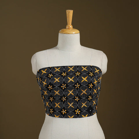 Black Cotton Bengal Kantha Stitch Blouse Piece 