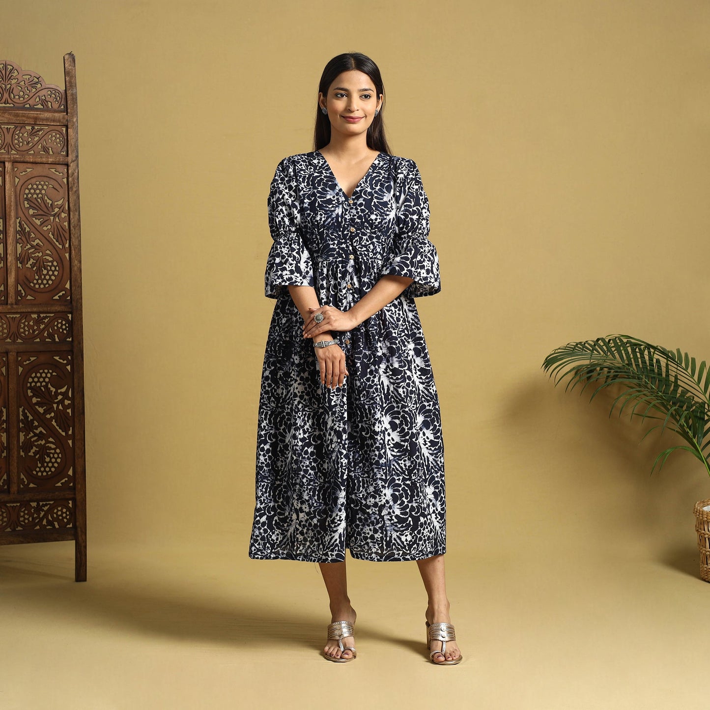 Black Cotton Button Down Hand Batik Print Dress