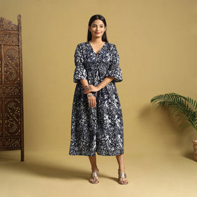 Black Cotton Button Down Hand Batik Print Dress