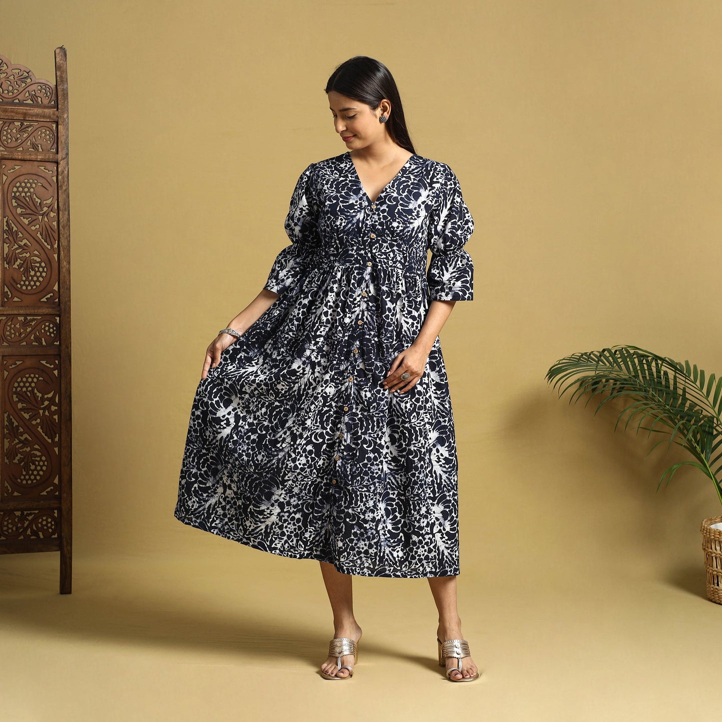 Black Cotton Button Down Hand Batik Print Dress