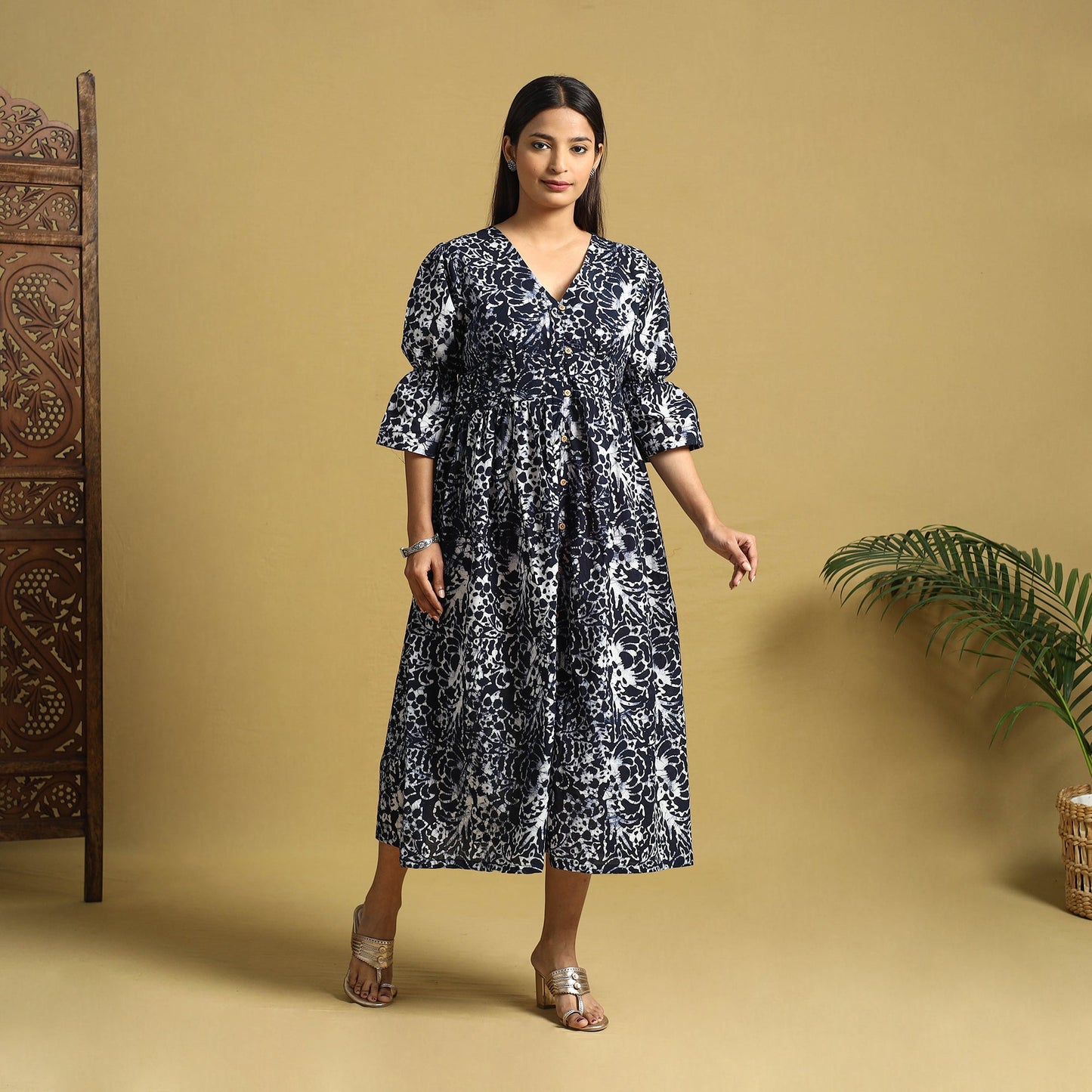 Black Cotton Button Down Hand Batik Print Dress
