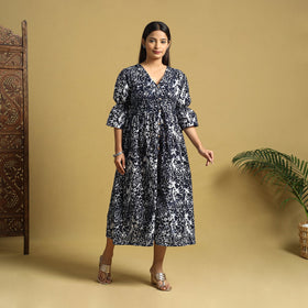 Black Cotton Button Down Hand Batik Print Dress