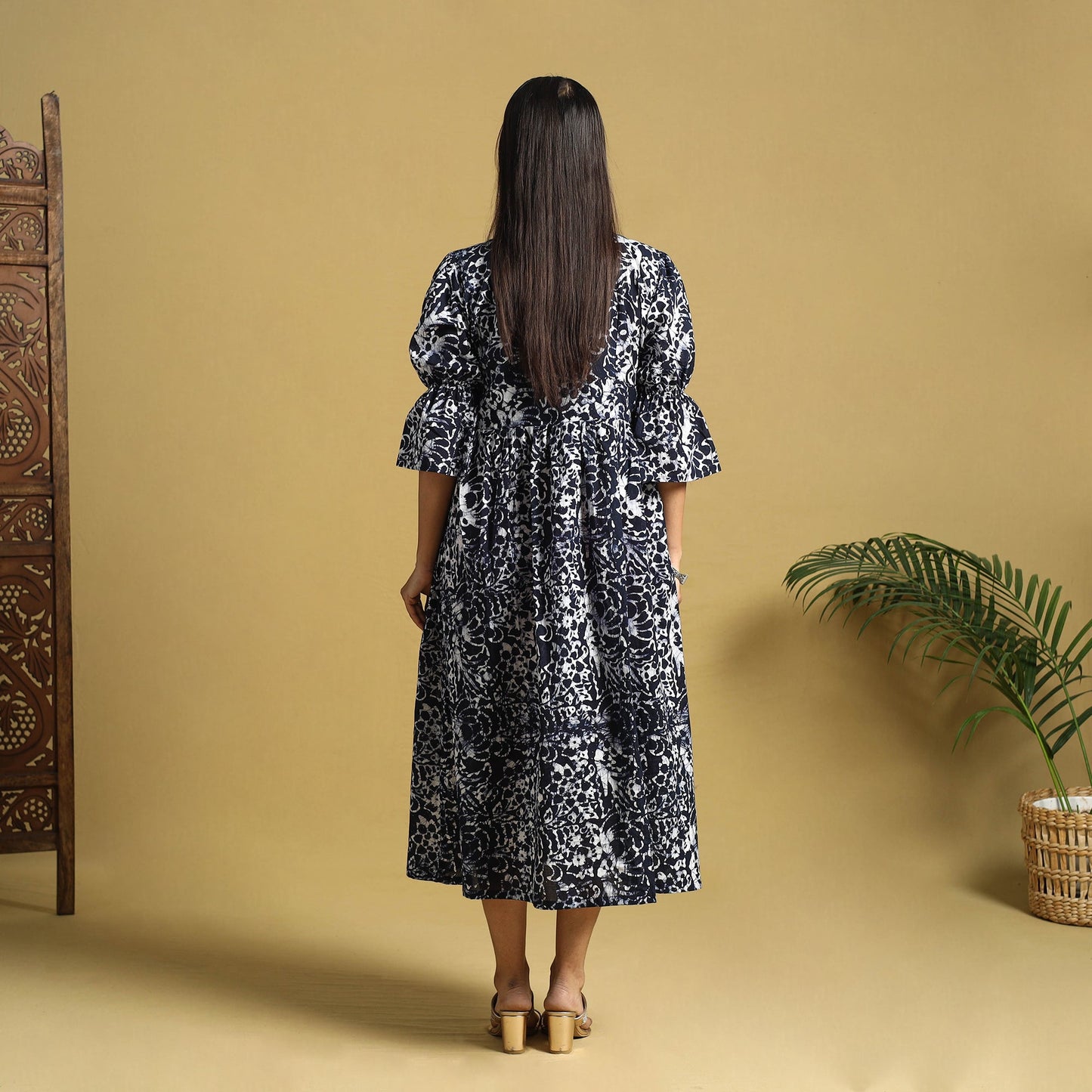 Black Cotton Button Down Hand Batik Print Dress