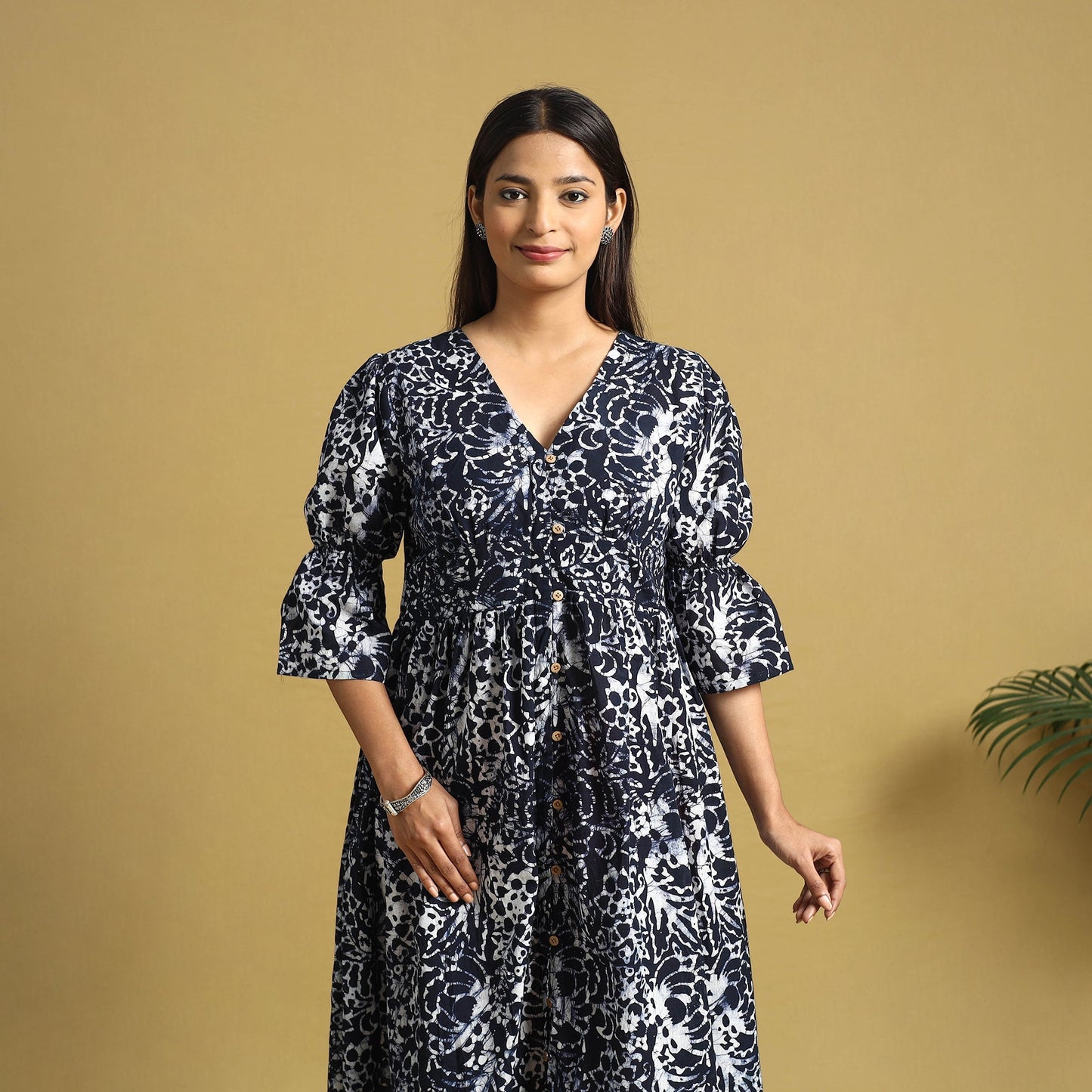 Black Cotton Button Down Hand Batik Print Dress