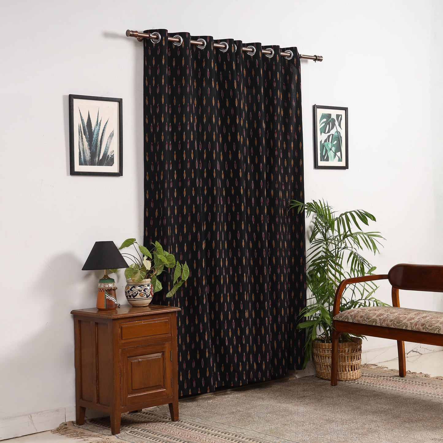 Black - cotton door pochampally ikat curtain (7 x 3 feet)