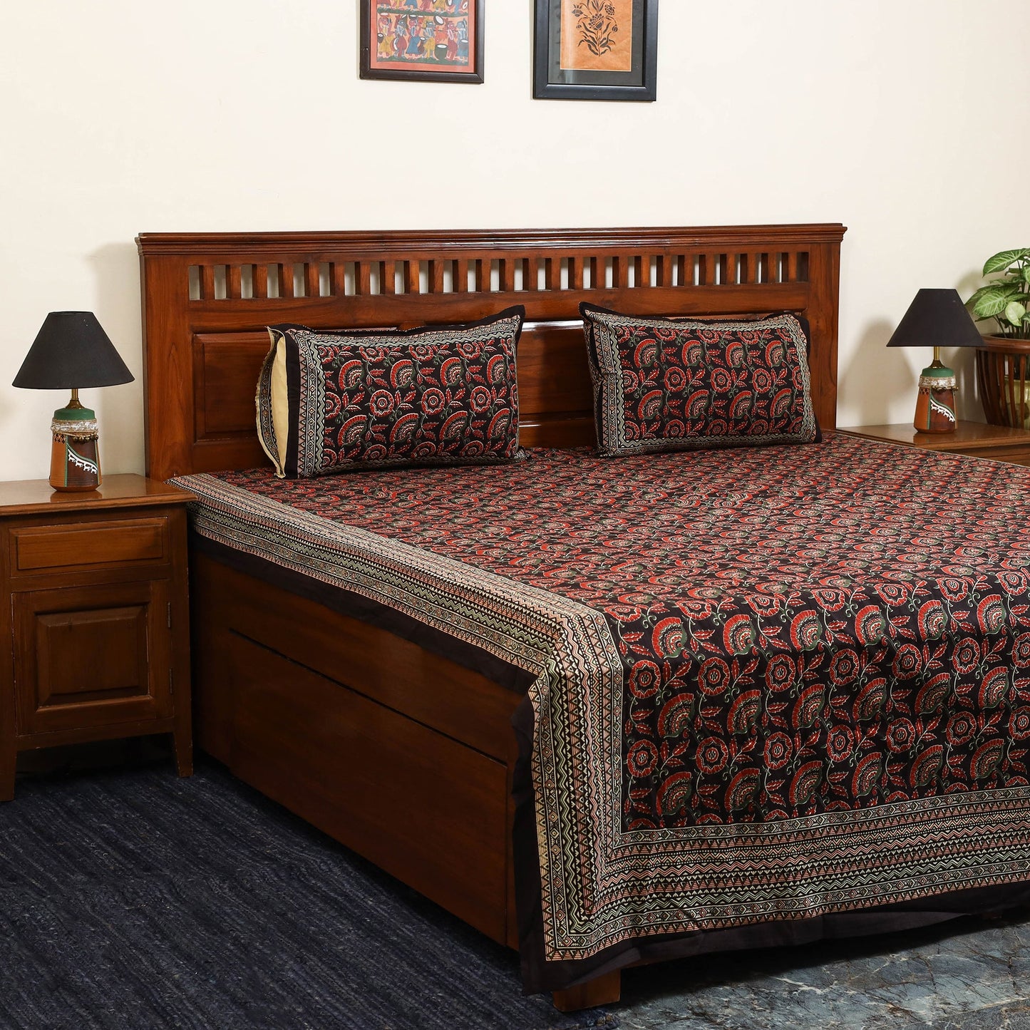 Black - cotton double sanganeri bed sheet set (108 x 90 in)