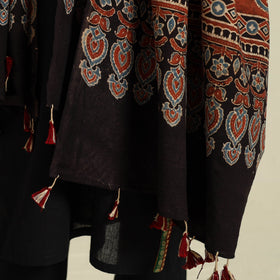 Buy Black Block Print Cotton Ajrakh Dupatta With Tassels