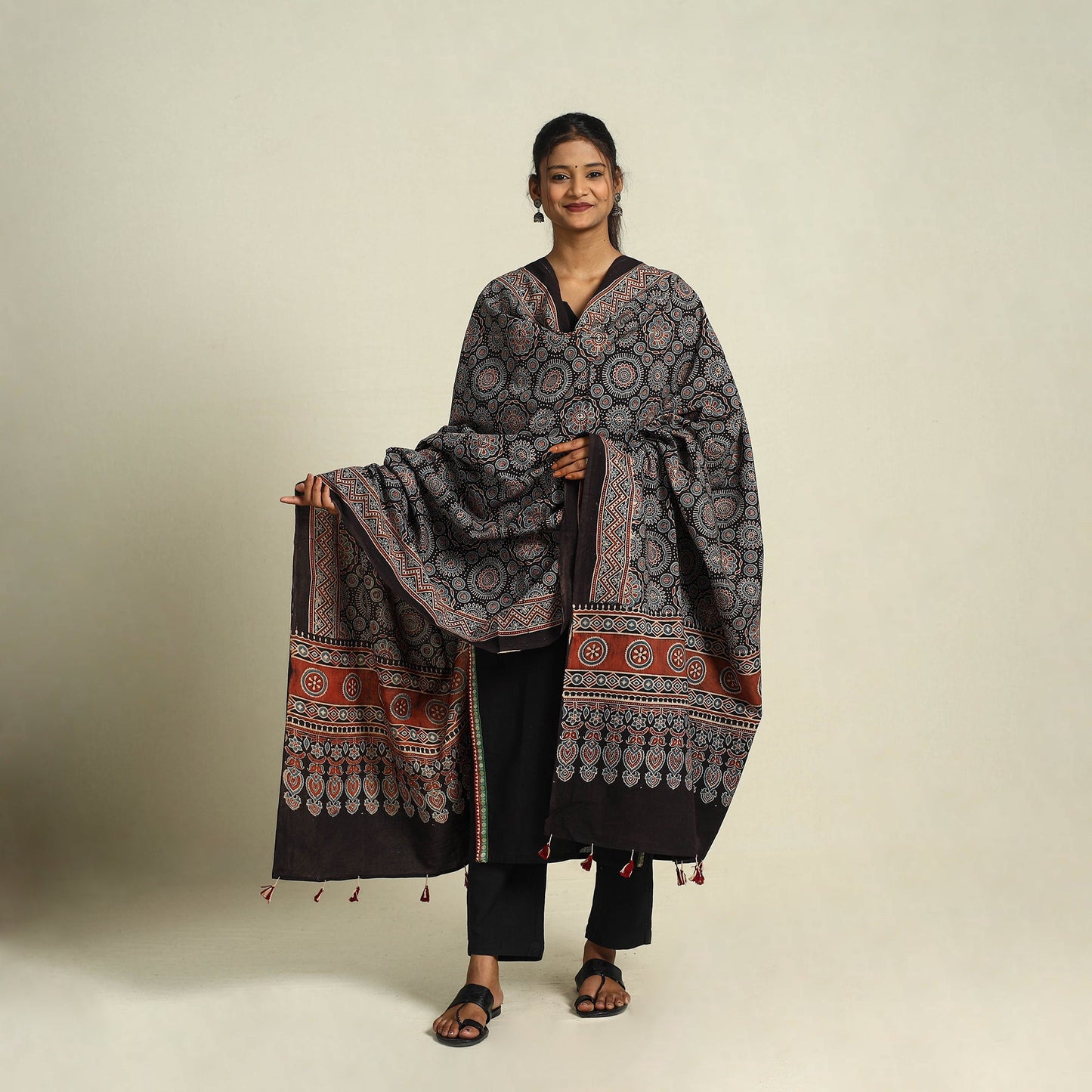 Buy Black Block Print Cotton Ajrakh Dupatta With Tassels