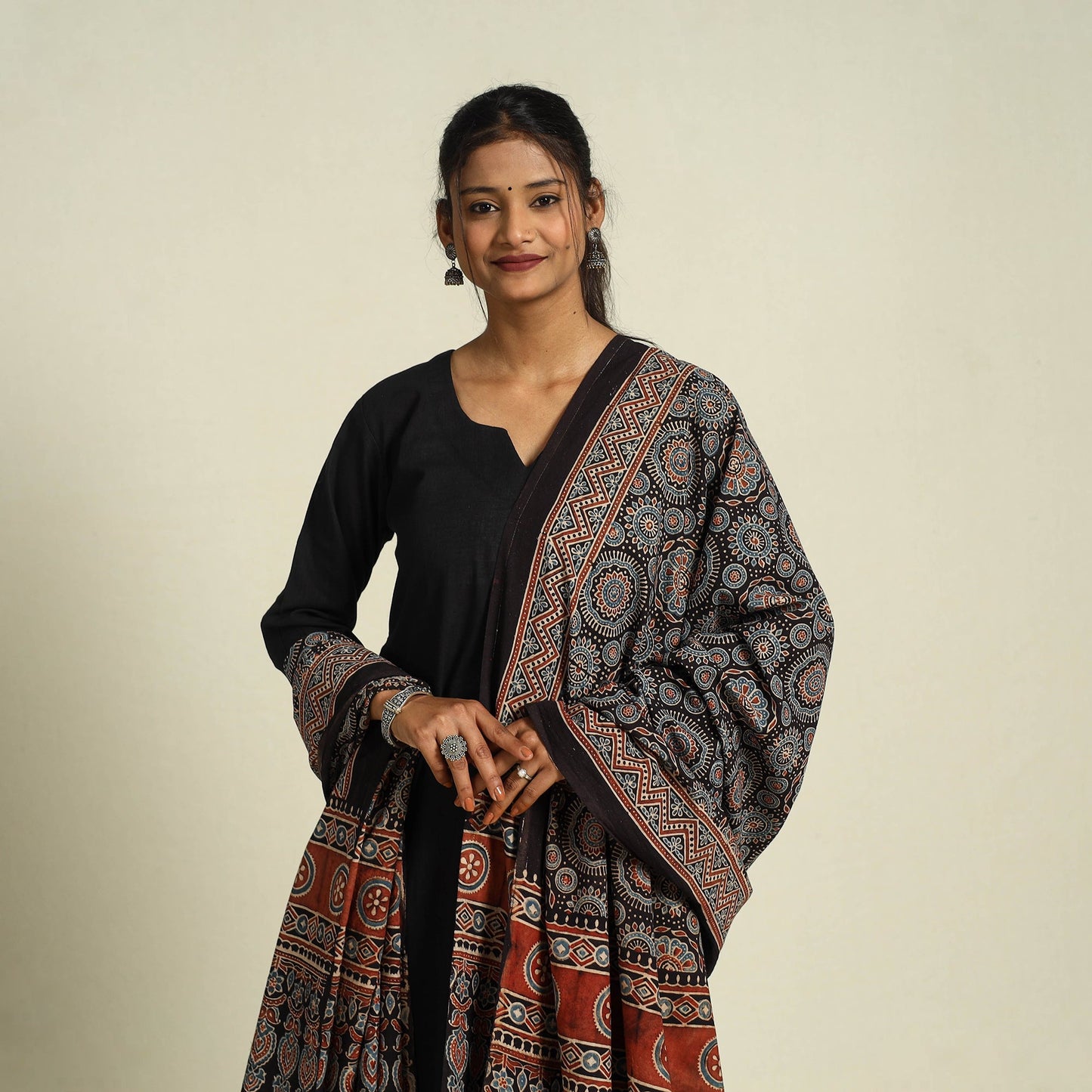 Buy Black Block Print Cotton Ajrakh Dupatta With Tassels