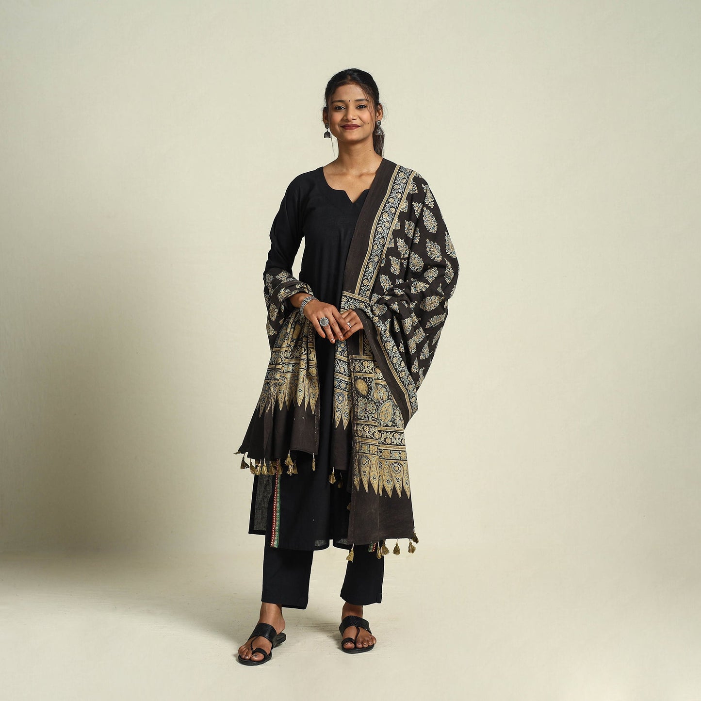 Buy Black Block Print Cotton Ajrakh Dupatta With Tassels