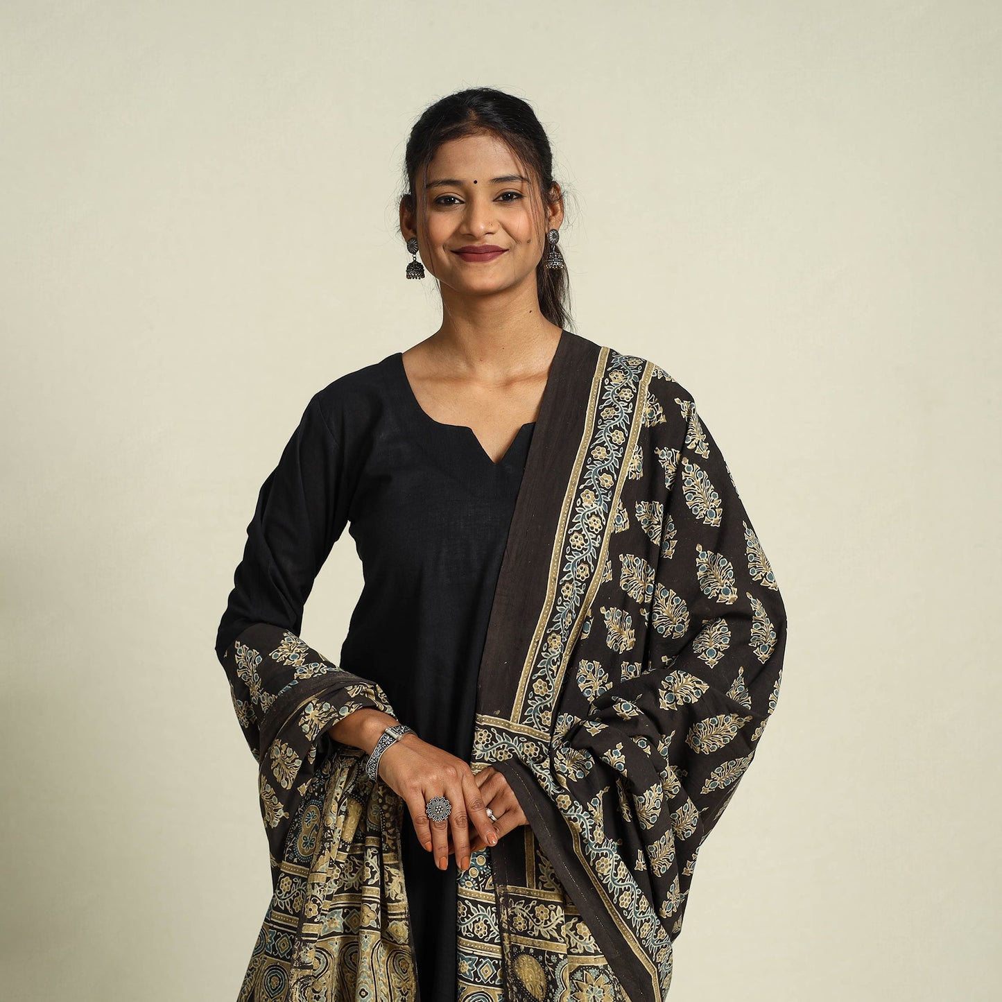 Buy Black Block Print Cotton Ajrakh Dupatta With Tassels