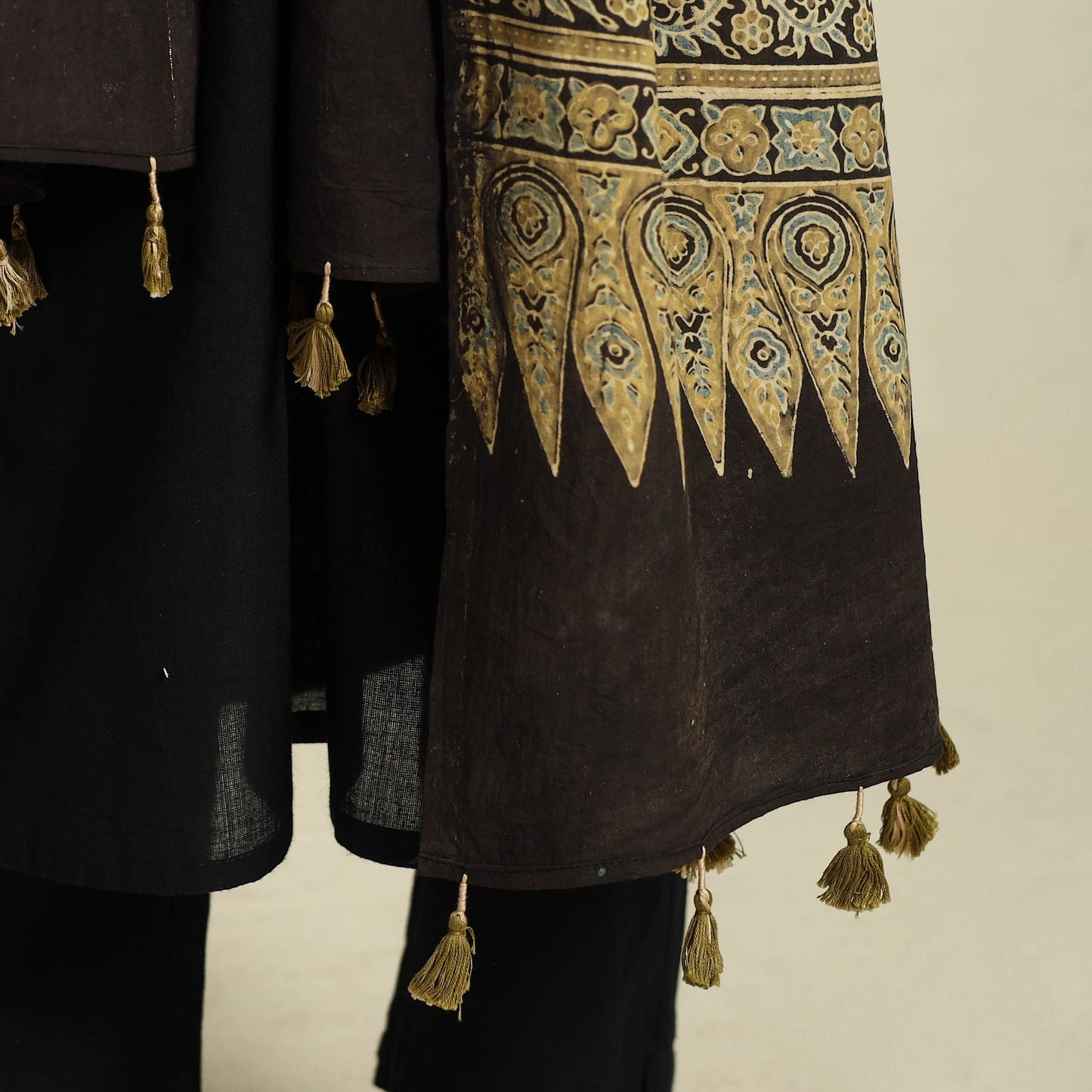 Buy Black Block Print Cotton Ajrakh Dupatta With Tassels