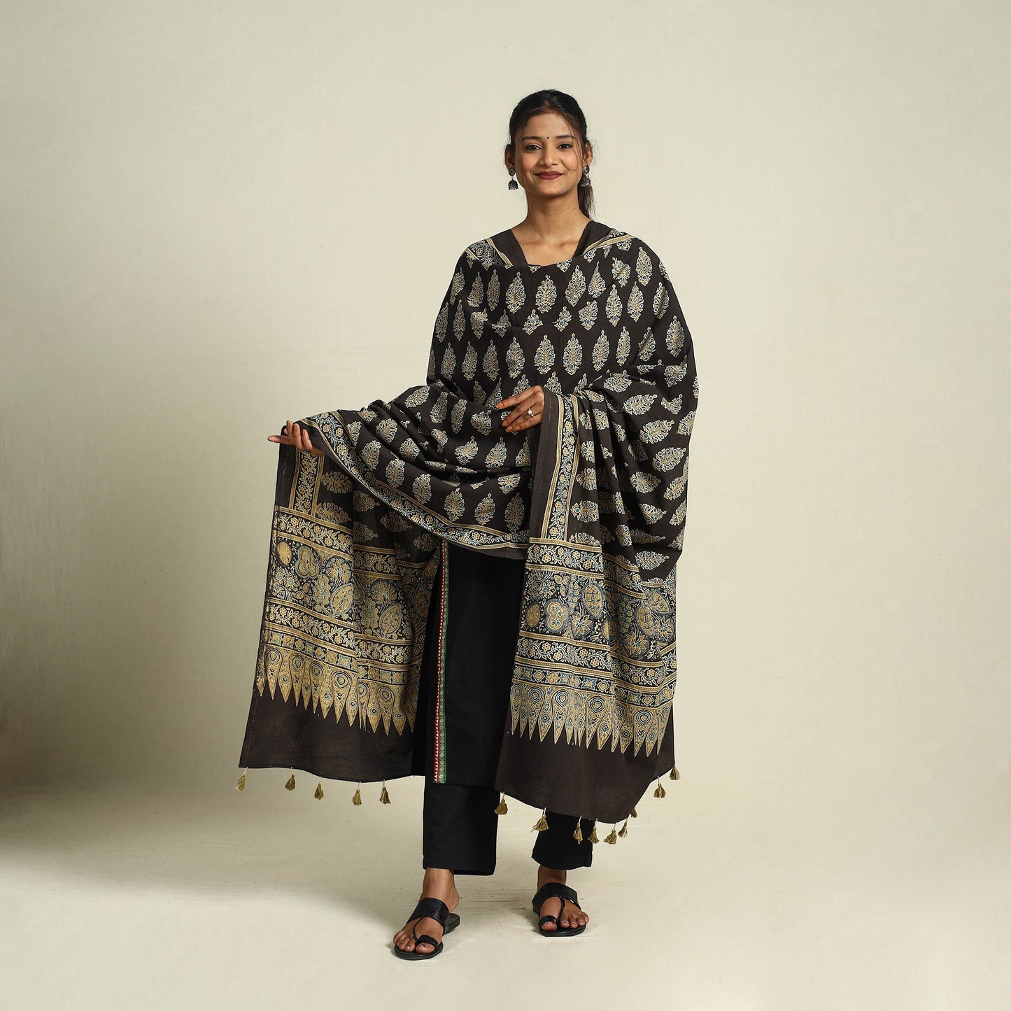 Buy Black Block Print Cotton Ajrakh Dupatta With Tassels
