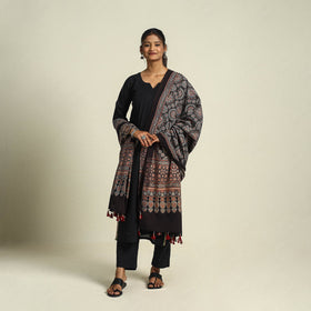 Buy Black Block Print Cotton Ajrakh Dupatta With Tassels