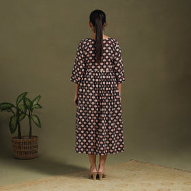 Black Block Print Cotton Flared Sanganeri Dress
