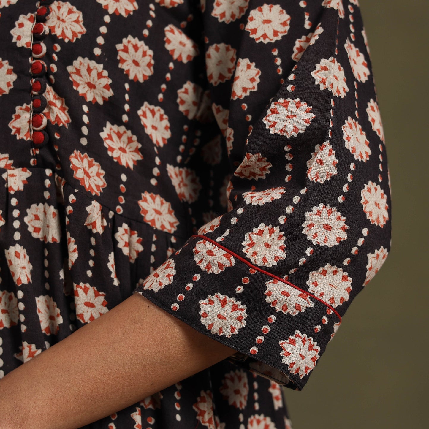 Black Block Print Cotton Flared Sanganeri Dress