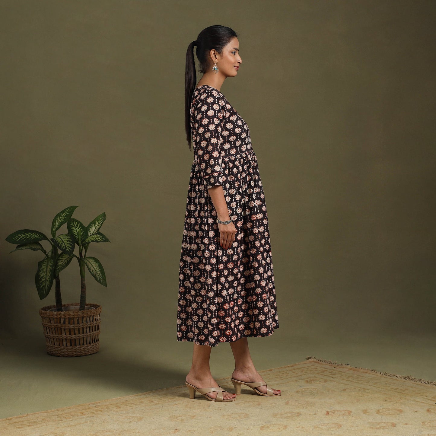 Black Block Print Cotton Flared Sanganeri Dress