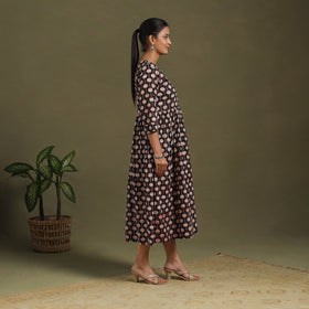 Black Block Print Cotton Flared Sanganeri Dress