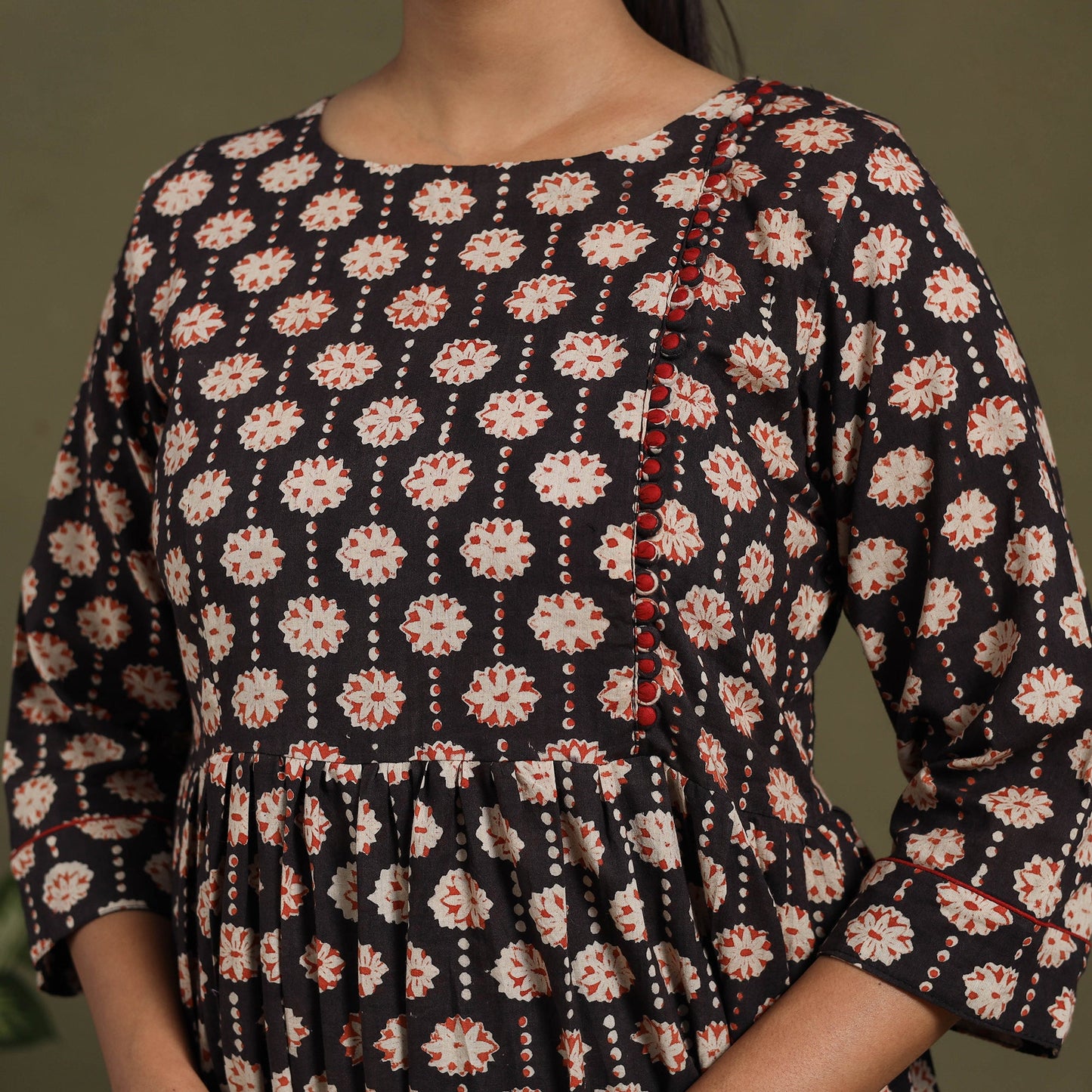 Black Block Print Cotton Flared Sanganeri Dress