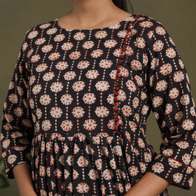 Black Block Print Cotton Flared Sanganeri Dress
