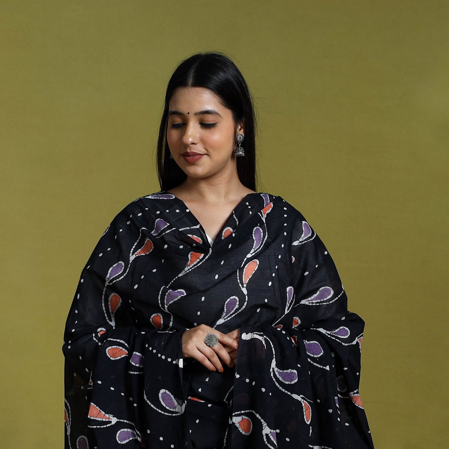  Black Cotton Hand Batik Print Dupatta