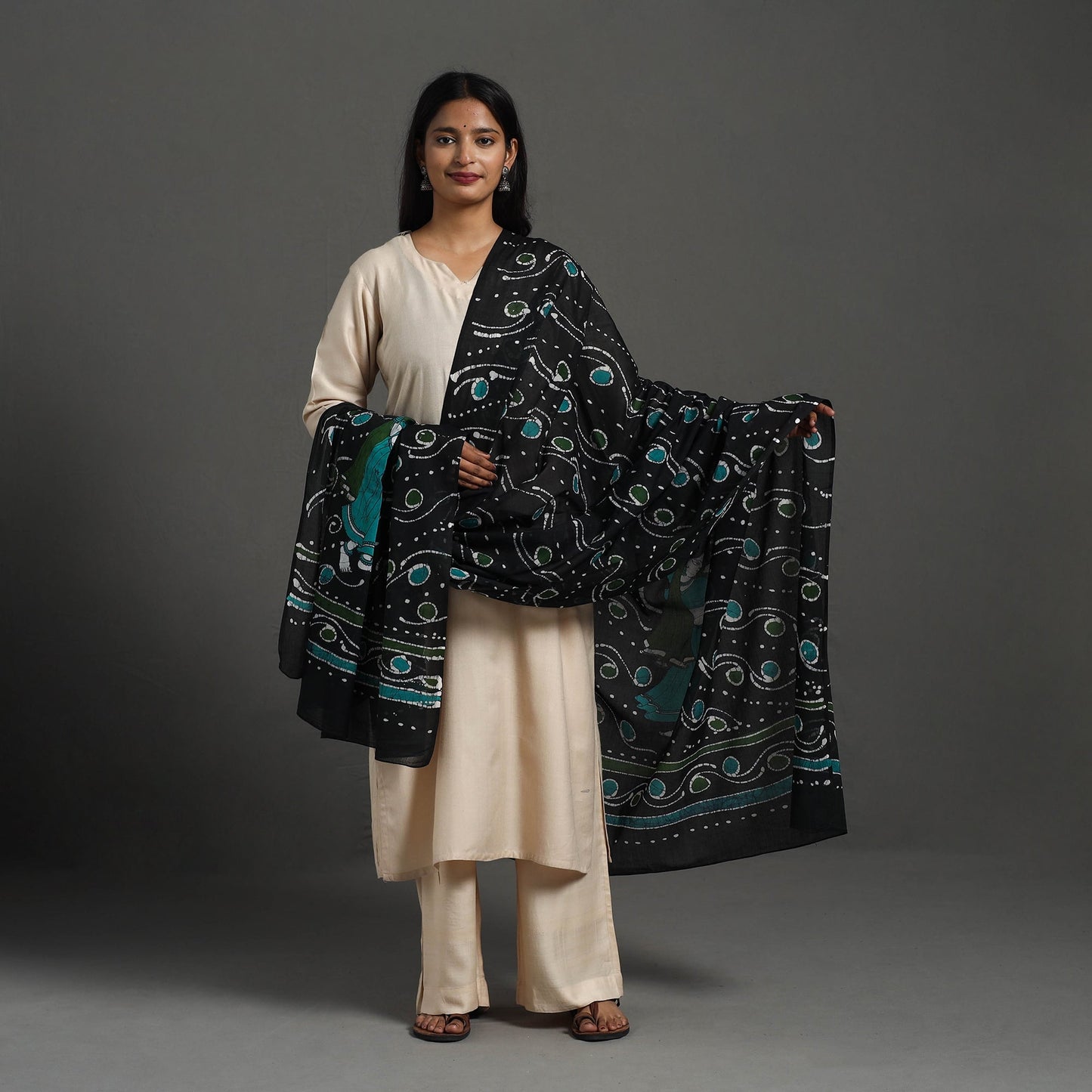  Cotton Hand Batik Print Black Dupatta