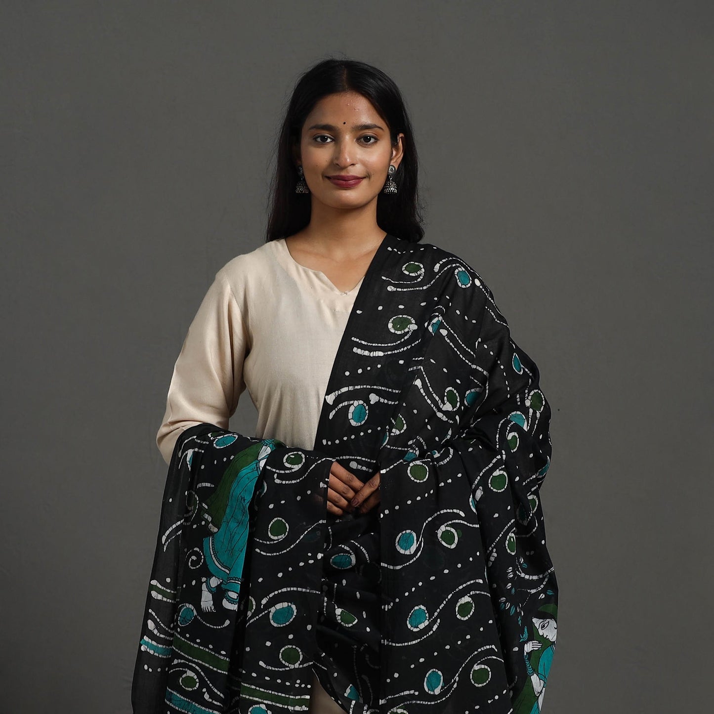  Cotton Hand Batik Print Black Dupatta