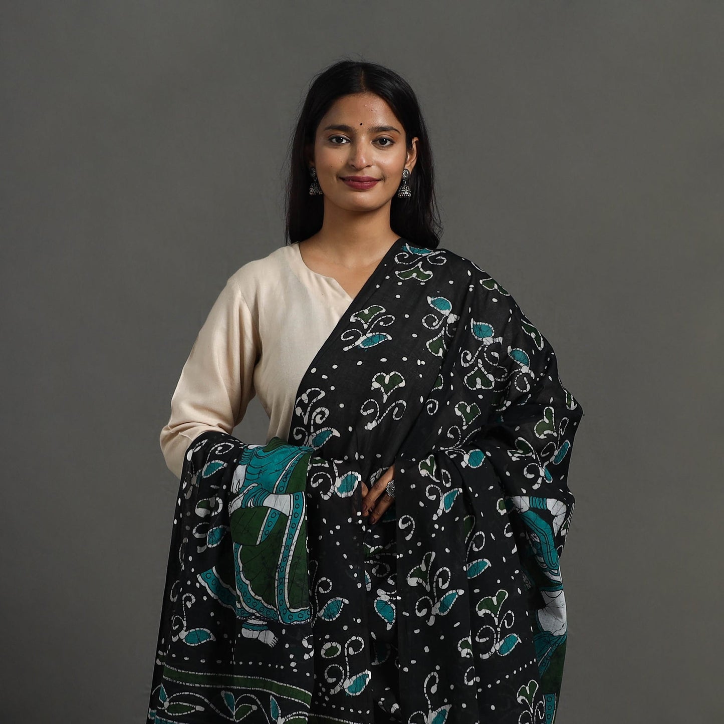 Black - cotton hand batik dupatta 33 - handcrafted