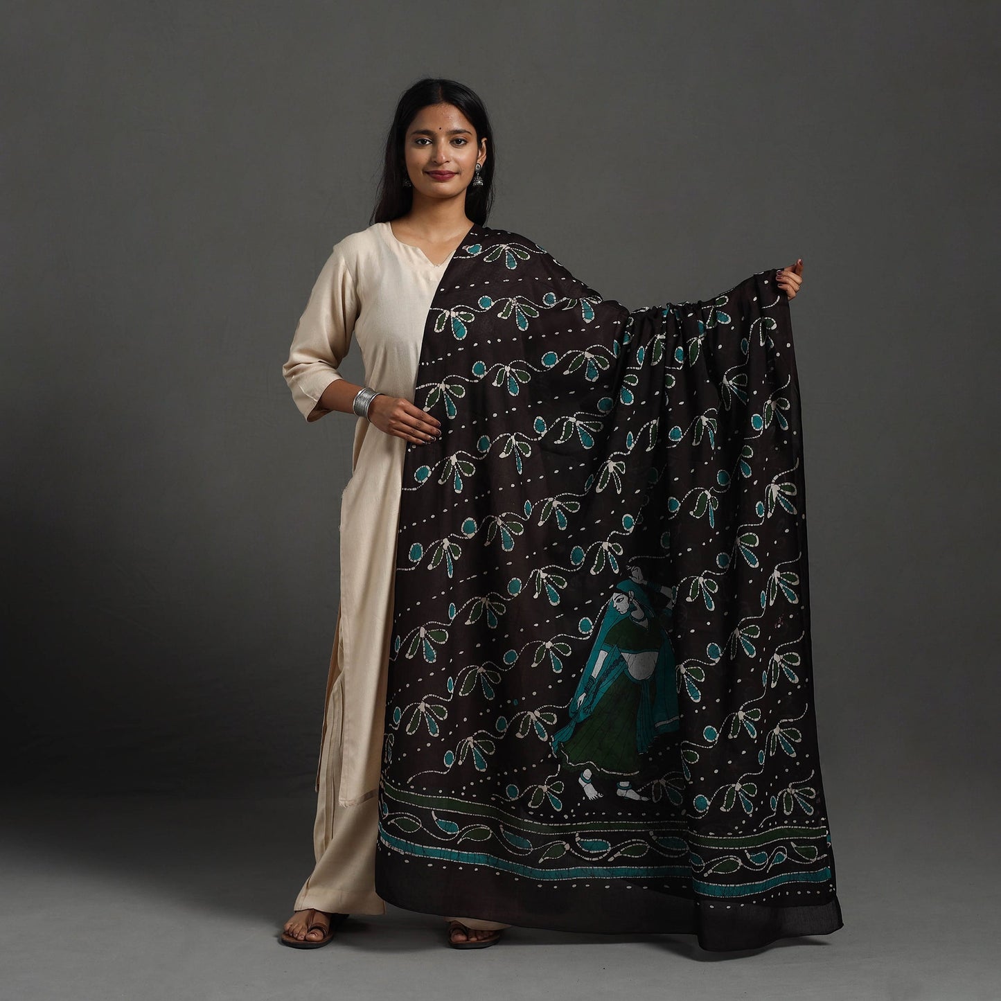   Black Cotton Hand Batik Print Dupatta