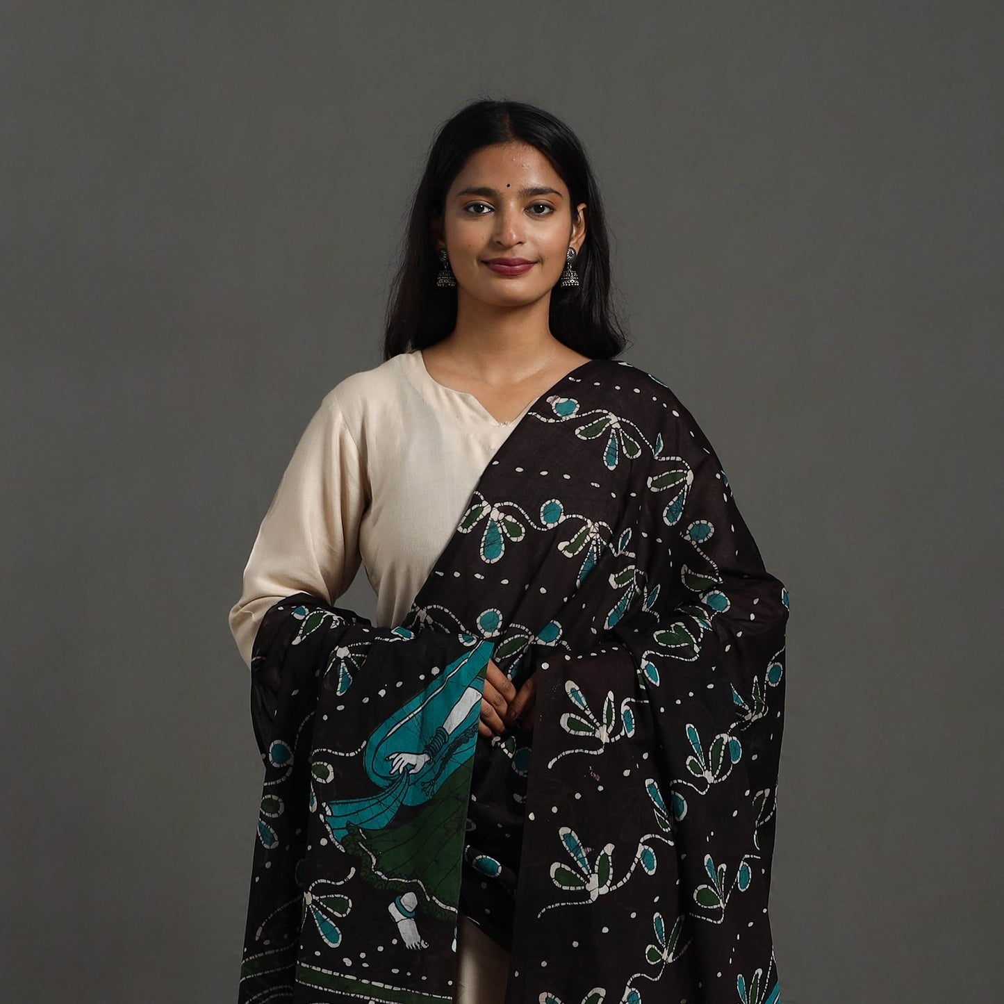   Black Cotton Hand Batik Print Dupatta
