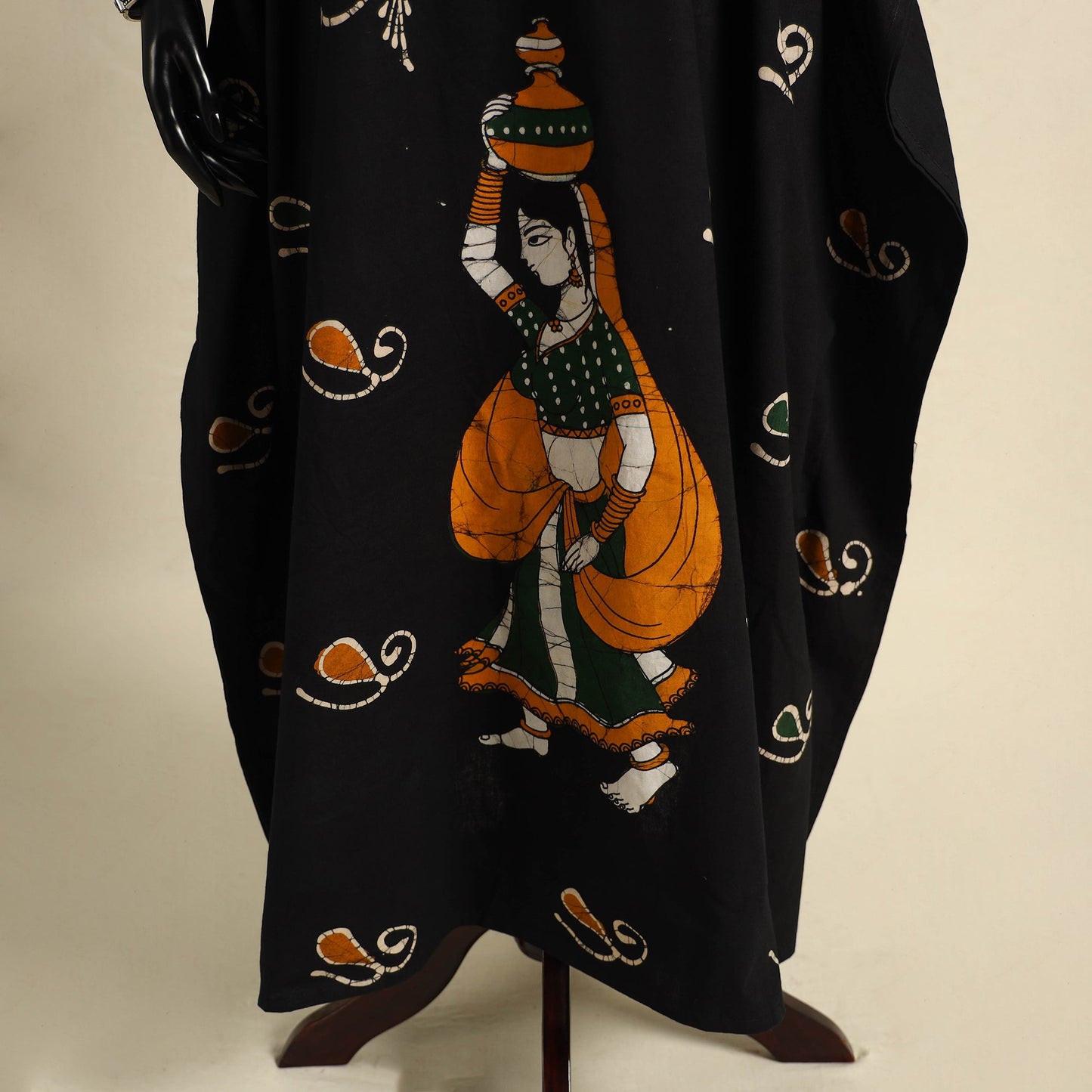 Black - cotton hand batik kaftan with tie-up waist (long)